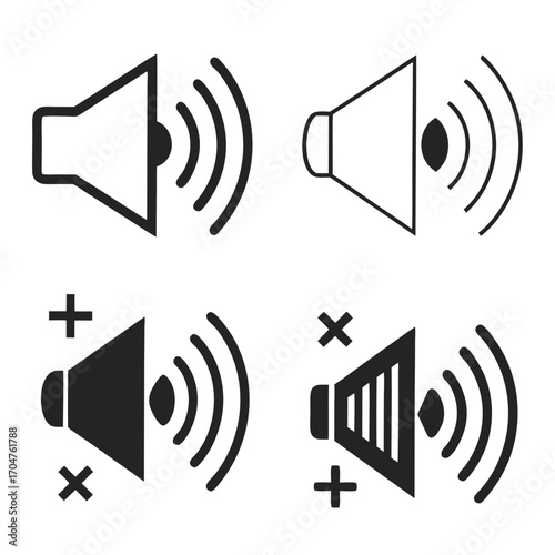 Collection of four distinct speaker icons representing volume control mute and sound levels in black and white outline and solid styles