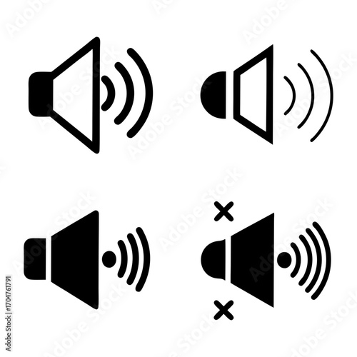 Set of four black and white speaker volume icons representing different sound levels from silent to loud