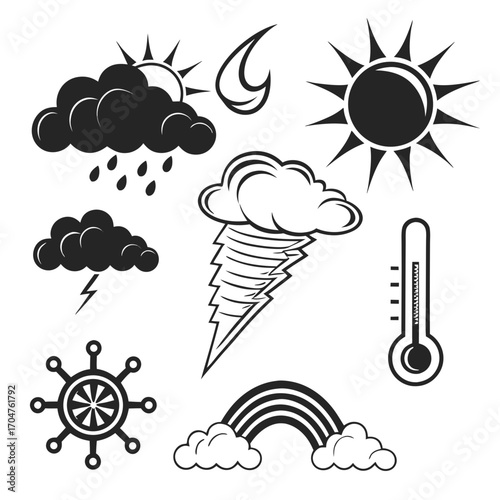 Collection of weather icons including sun clouds rain lightning tornado rainbow thermometer and crescent moon