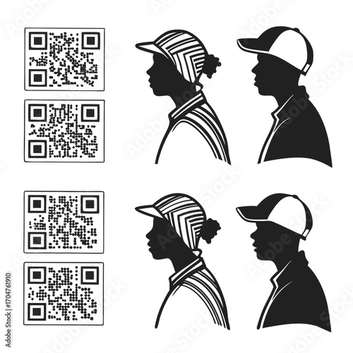 Silhouettes of two individuals wearing baseball caps and qr codes arranged in a grid on a white background
