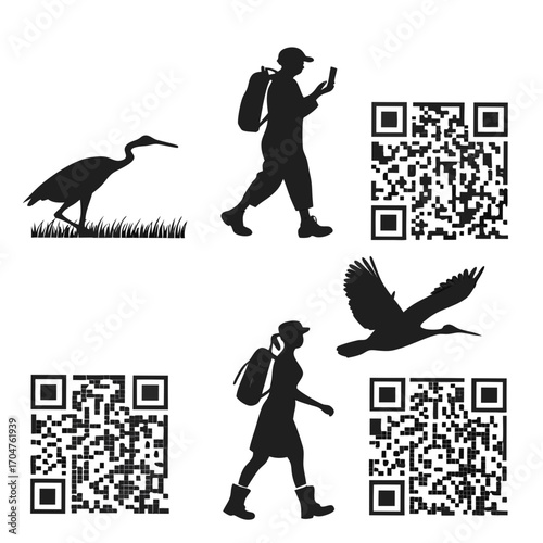 Silhouettes of hikers with backpacks and smartphones interacting with qr codes alongside a heron bird in grass and in flight