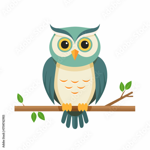 Owl Sitting on Branch Illustration in Flat Vector Bird Wildlife Design
