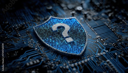 Digital shield with question mark on circuit board represents cybersecurity mystery