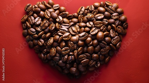 Coffee bean-shaped heart on a crimson background. Lay flat. Symbol of affection for coffee Heart-shaped  
