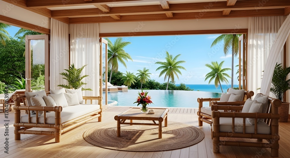 Fototapeta premium Tropical resort living room with infinity pool and ocean view palm trees bamboo furniture