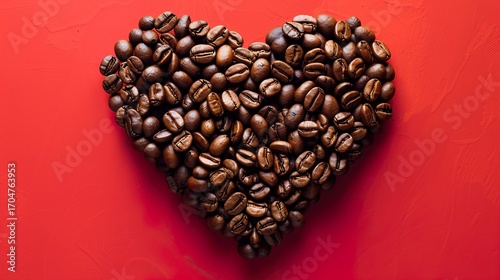 Coffee bean-shaped heart on a crimson background. Lay flat. Symbol of affection for coffee Heart-shaped  