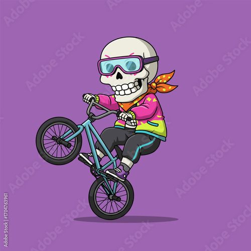 Cool skeleton pops a BMX wheelie in a bold, colorful outfit against a purple backdrop.