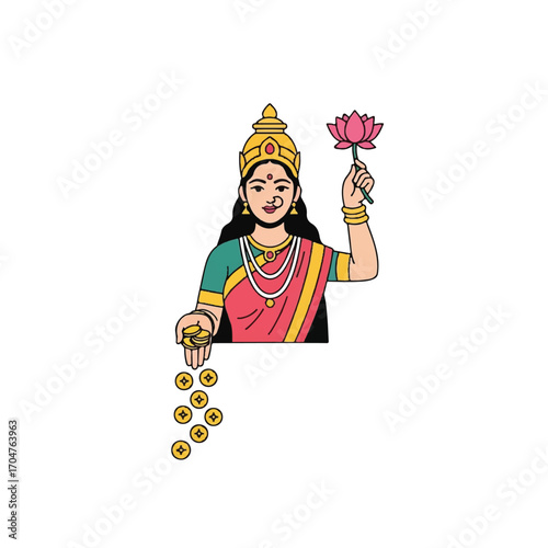 Illustration of a traditional Indian woman dressed in festive attire, holding a pink lotus flower and gold coins, symbolizing prosperity during the Diwali Festival in India.