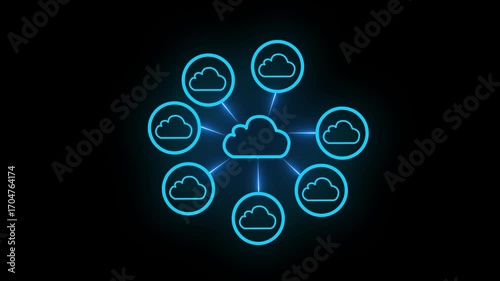   Neon Cloud Network  Circles Converging, Data Flows Connecting, Security Layers, and Real-Time Orchestration in Modern Environments