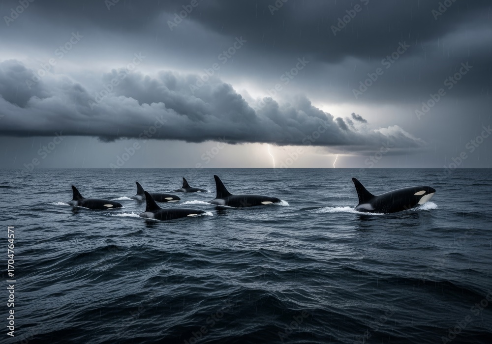 Fototapeta premium Wide view of orca whales moving together across open ocean under stormy sky