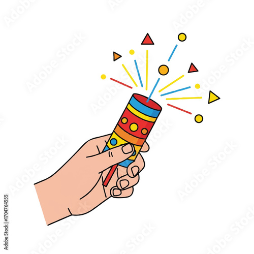 A hand holding a colorful firecracker with vibrant sparks and geometric shapes, celebrating Diwali Festival in India with a joyful and festive mood.