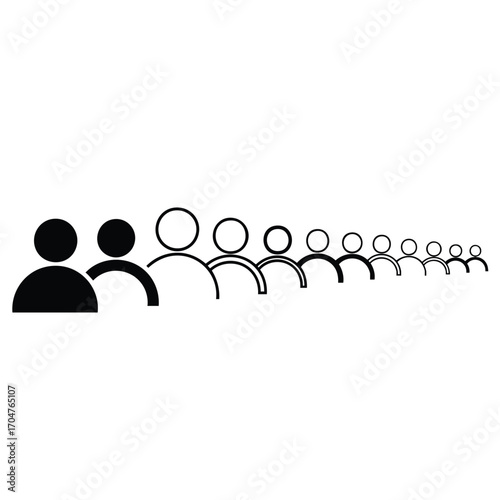 A long queue of stylized person icons transitioning from solid black silhouettes to simple white outlines.