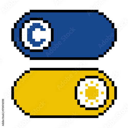Pixel switch button night and day vector. Perfect for representing a toggle between light and dark modes in a modern, digital environment. A clear, minimal design with a pixelated aesthetic.