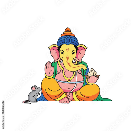 Illustration of Lord Ganesha sitting with a mouse, celebrating Diwali Festival in India, against a clean white background with vibrant colors.
