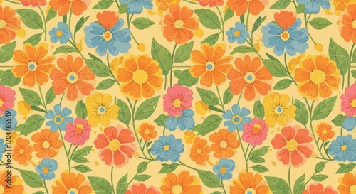 Vibrant retro floral pattern, cheerful spring bloom