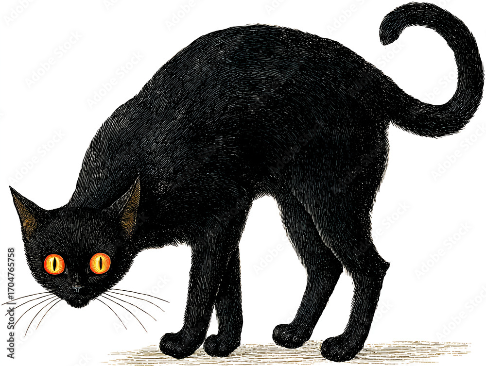Obraz premium Black cat with arched back and glowing eyes, illustration, full body view, white background. 