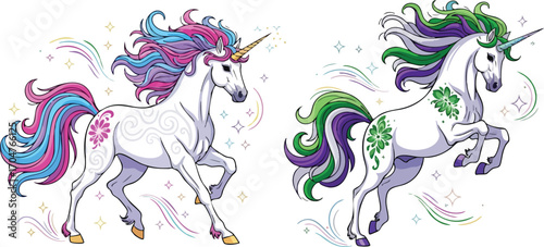 Magical Unicorns with Rainbow Manes Fantasy Illustration Isolated