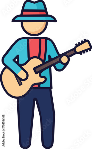 Vector Illustration of a Guitar Player Icon Performing Music Isolated