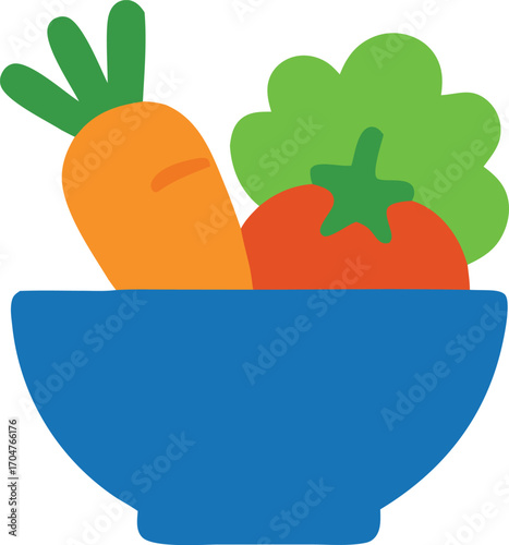Fresh and healthy food in a blue bowl with carrot, tomato, and lettuce leaves. Perfect for promoting nutritious eating habits.