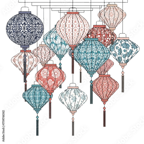 Colorful hanging lanterns with intricate designs celebrate Diwali Festival in India against a clean white background.