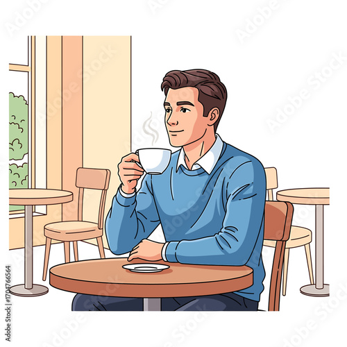 A man enjoying coffee in a cafe, looking thoughtfully, seated at a table.