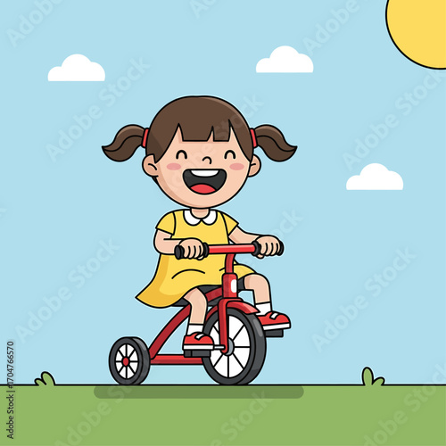 A happy cartoon girl rides a red tricycle on a sunny day, smiling with joy.