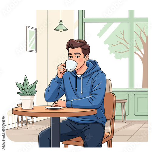 Young man enjoys a relaxing coffee break at a cafe, sipping from a mug while seated at a small table.