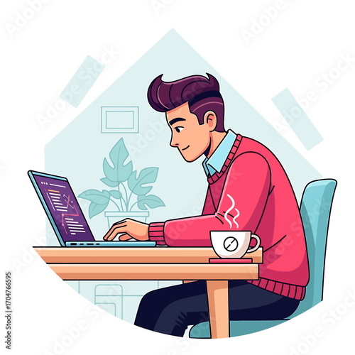 A young man is working on a laptop, sipping coffee at his desk.