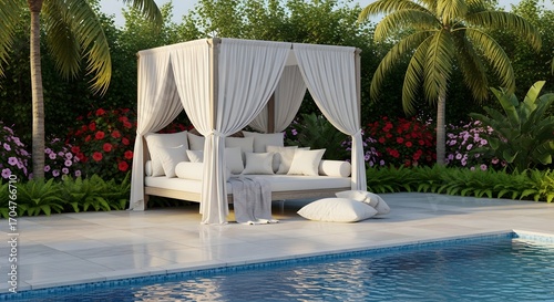 White cabana with plush cushions and draped fabric next to a swimming pool and tropical garden