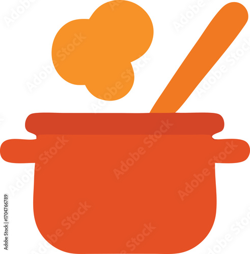 Steaming orange pot cooking a delicious meal, spoon ready to serve. Ideal for food blogs, recipe websites, and cookingrelated designs.