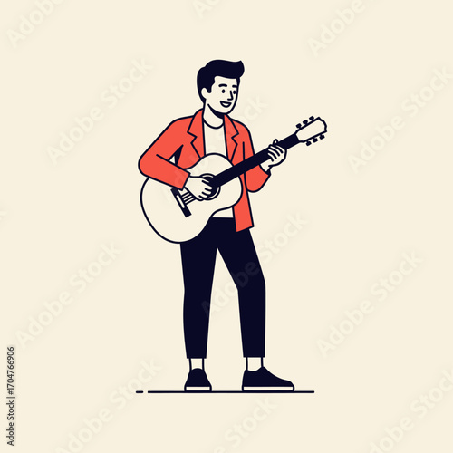 A smiling young man joyfully plays an acoustic guitar, showcasing musical talent and passion.