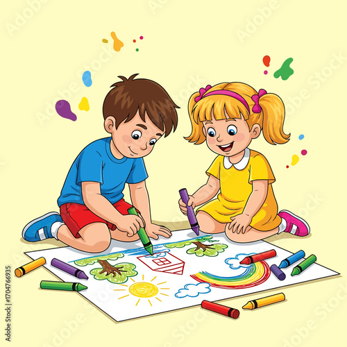 Two young children, a boy and a girl, are drawing together on a large sheet of paper with colorful crayons.