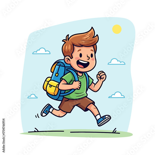 Cartoon boy with backpack running outdoors on a sunny day.
