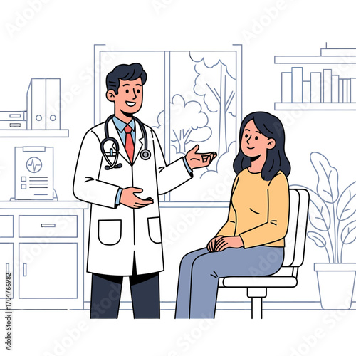 A doctor explaining something to a patient sitting in a medical office.