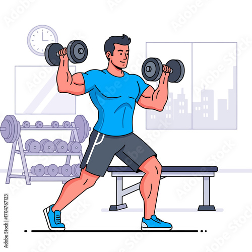 A muscular man is lifting dumbbells in a gym, working out his arms.