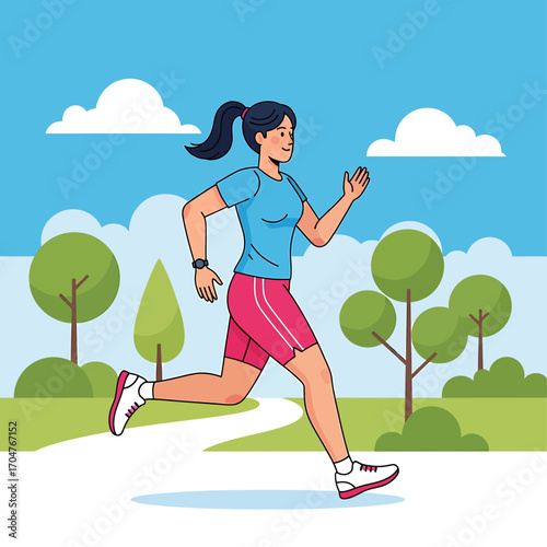 Woman jogging through a park on a sunny day.