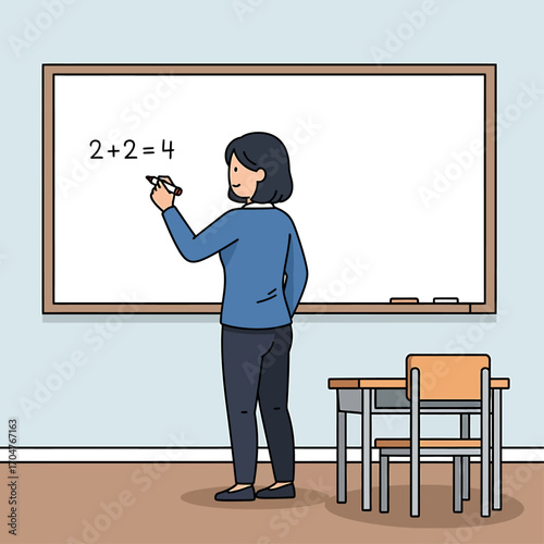 Teacher writing simple equation on whiteboard in classroom.