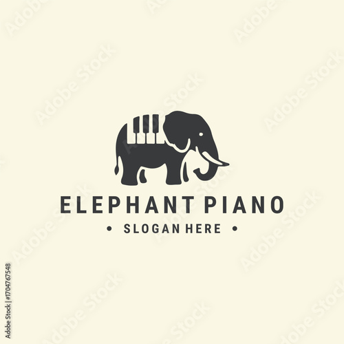 Elephant piano logo vector hipster vintage template design