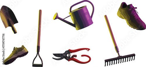 Gardening Tools and Shoes on White Background