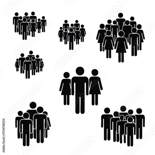 A set of simple black pictograms depicting various groups of men and women.