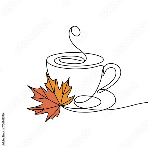 Autumn Warmth Awaits Continuous Line Drawing of Steaming Coffee with Maple Leaf on White Background Conceptual Art