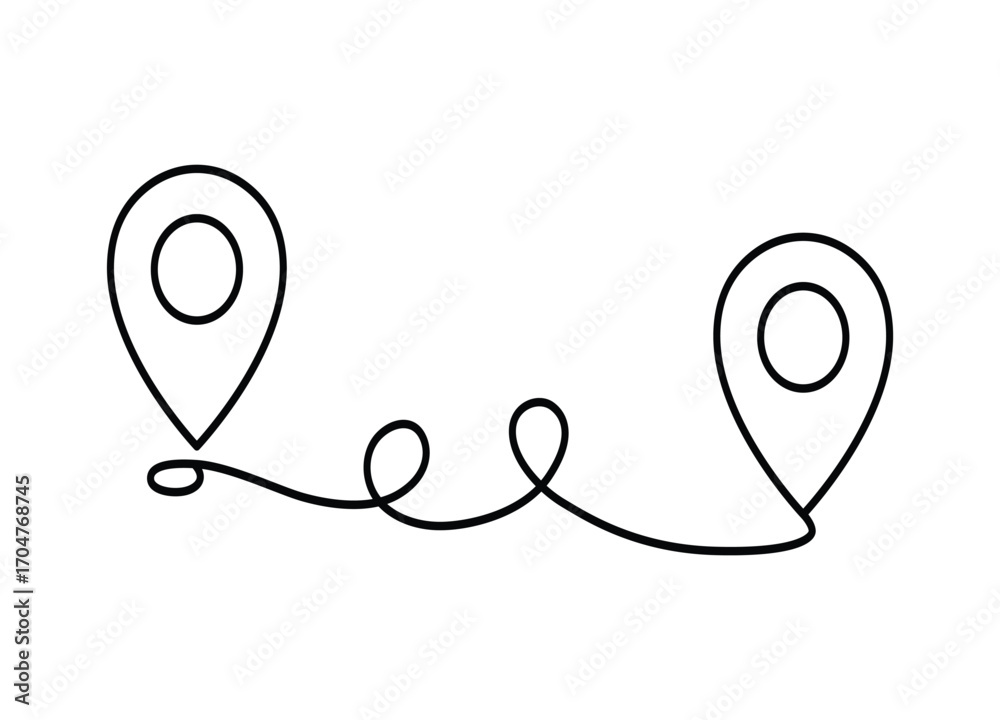 Fototapeta premium Continuous Line Drawing of Two Location Pins Connected by a Winding Path on White Background Design Concept