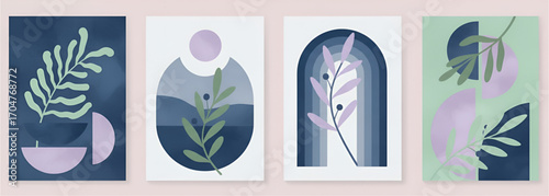 Elegant Set of Abstract Botanical Wall Art Prints Featuring Minimalist Watercolor Leaves and Geometric Shapes in Muted Tones for Modern Home Decor