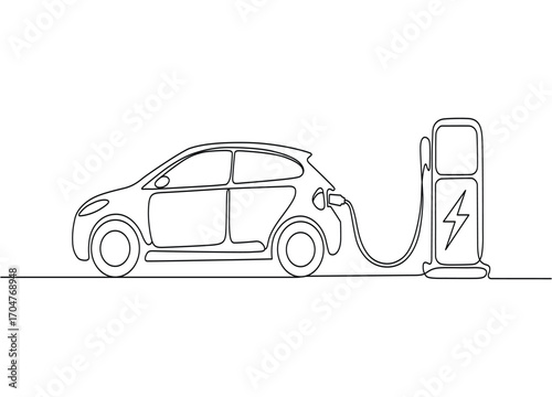 Electric Car Charging at Station Continuous Line Drawing Eco Friendly Vehicle Recharge Illustration Minimalist Design Clean Energy Concept and Sustainable Transportation Solution