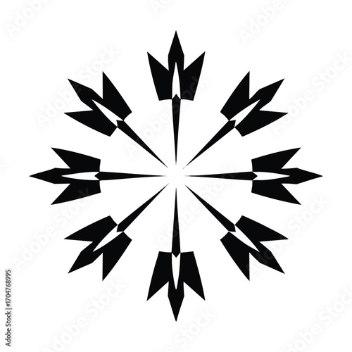 A sharp geometric black starburst symbol with eight radiating arrowlike points.