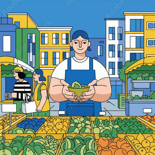 A smiling female vendor in an apron offers fresh produce at a vibrant outdoor city market.