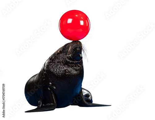 Playful Sea Lion Balancing Red Circus Ball on Nose Isolated PNG
