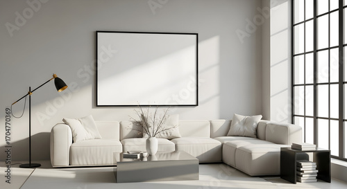 Modern Minimalist Living Room Interior Design Mockup Large Window Sunlight