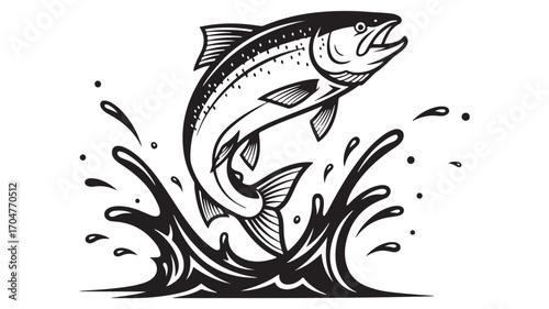 Stylized Black and White Salmon Leaping Upward with an Open Mouth