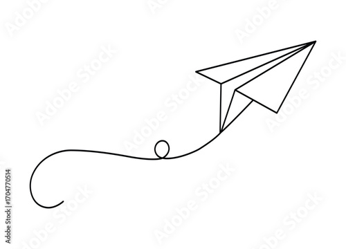 Minimalist paper airplane on a white background flying upwards symbolizing dreams and journeys with a playful curved trail